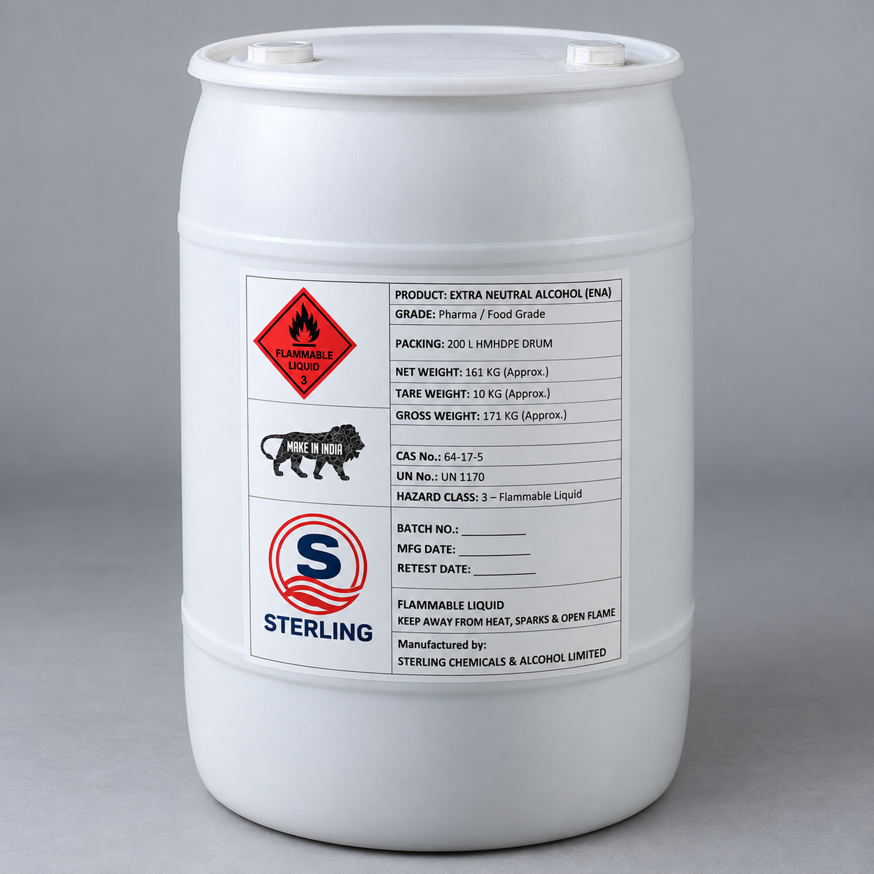 Sterling Extra Neutral Alcohol 200 L HMHDPE Drum